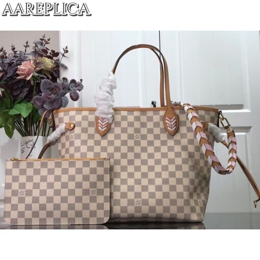 Replica Louis Vuitton Damier Azur Neverfull MM Bag With Braided Strap N50047 BLV043 2