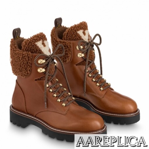 Replica Louis Vuitton Brown Territory Flat Ranger Boots with Shearling