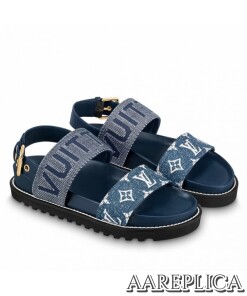 Replica Louis Vuitton Paseo Flat Comfort Sandals In Blue Denim