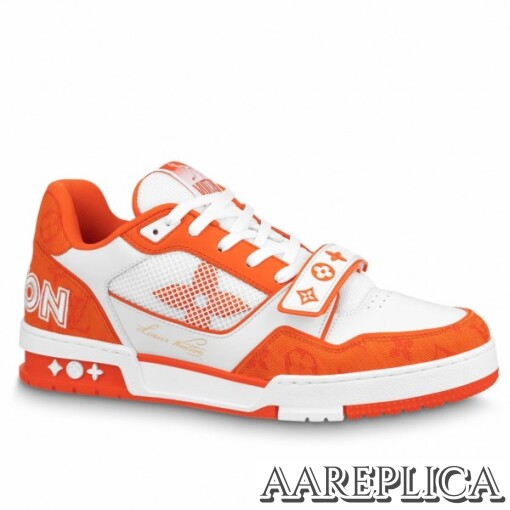 Replica Louis Vuitton LV Trainer Sneakers In Orange Denim with Mesh