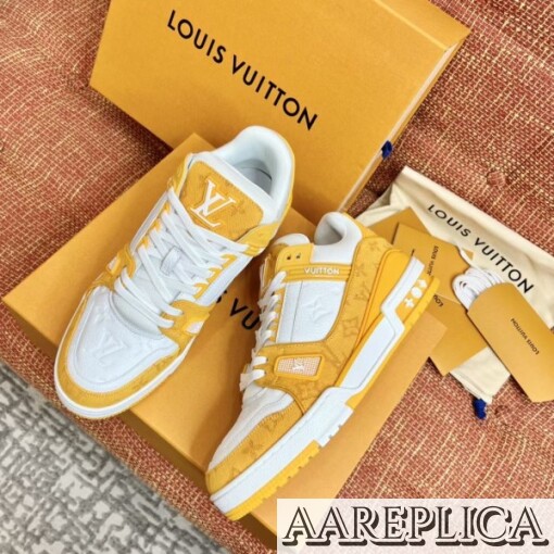 Replica Louis Vuitton LV Trainer Sneakers In Yellow Denim with Leather 3