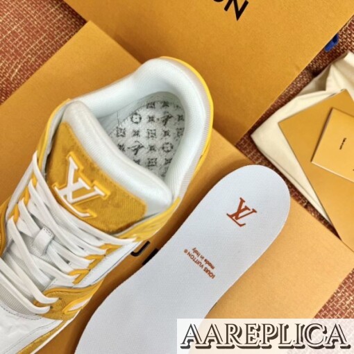 Replica Louis Vuitton LV Trainer Sneakers In Yellow Denim with Leather 4