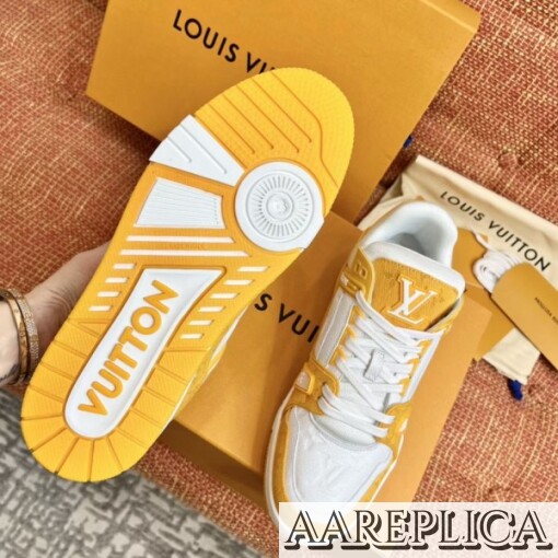 Replica Louis Vuitton LV Trainer Sneakers In Yellow Denim with Leather 5