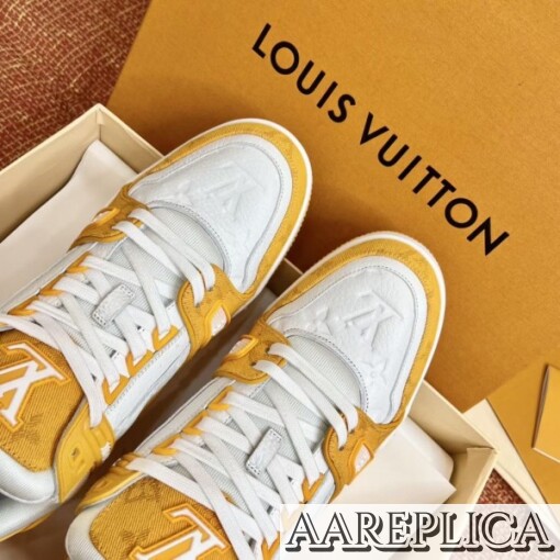 Replica Louis Vuitton LV Trainer Sneakers In Yellow Denim with Leather 7