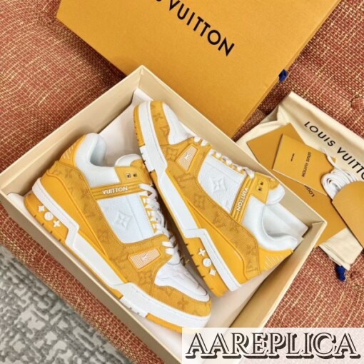 Replica Louis Vuitton LV Trainer Sneakers In Yellow Denim with Leather 8