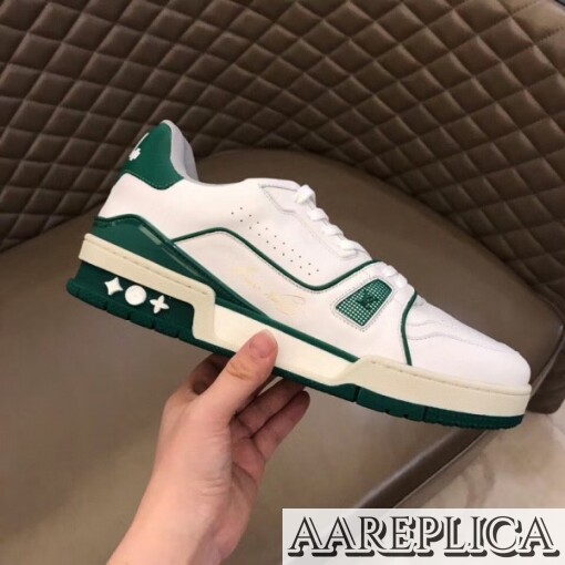 Replica Louis Vuitton LV Trainer Sneakers In White/Green Leather 2