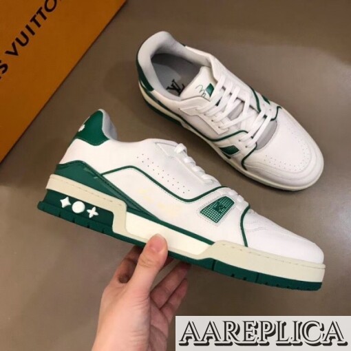 Replica Louis Vuitton LV Trainer Sneakers In White/Green Leather 6