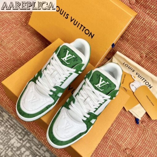Replica Louis Vuitton LV Trainer Sneakers In Green Denim with Leather 3