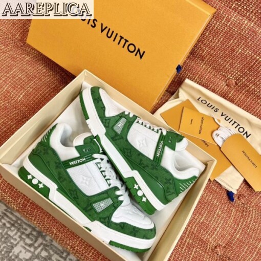 Replica Louis Vuitton LV Trainer Sneakers In Green Denim with Leather 4