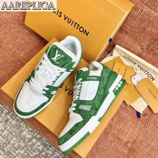 Replica Louis Vuitton LV Trainer Sneakers In Green Denim with Leather 5
