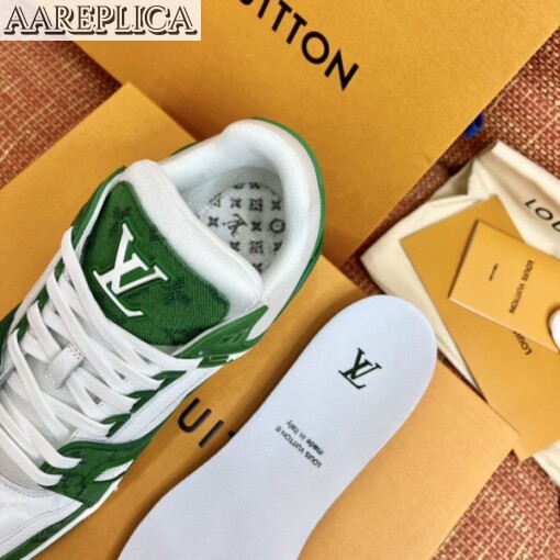 Replica Louis Vuitton LV Trainer Sneakers In Green Denim with Leather 6