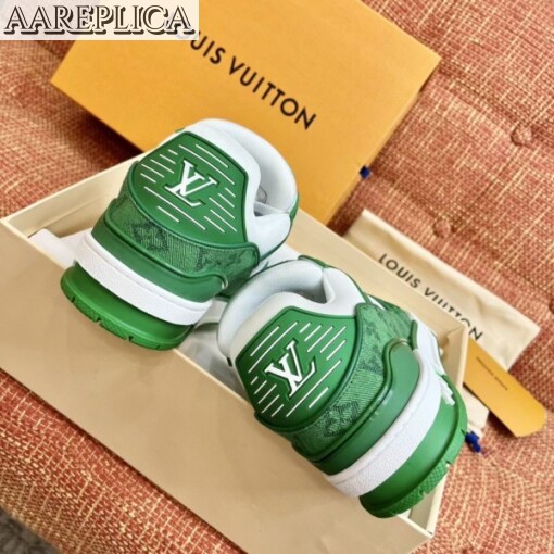 Replica Louis Vuitton LV Trainer Sneakers In Green Denim with Leather 7
