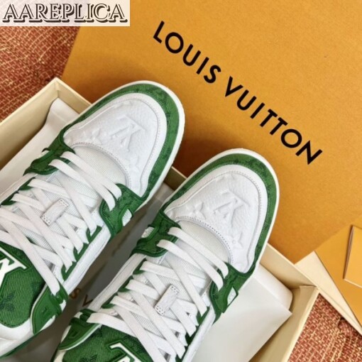 Replica Louis Vuitton LV Trainer Sneakers In Green Denim with Leather 8