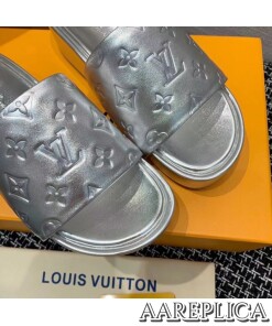 Replica Louis Vuitton Jumbo Flatform Mules In Silver Metallic Lambskin 2