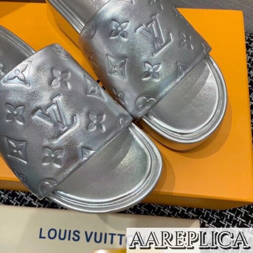 Replica Louis Vuitton Jumbo Flatform Mules In Silver Metallic Lambskin 2