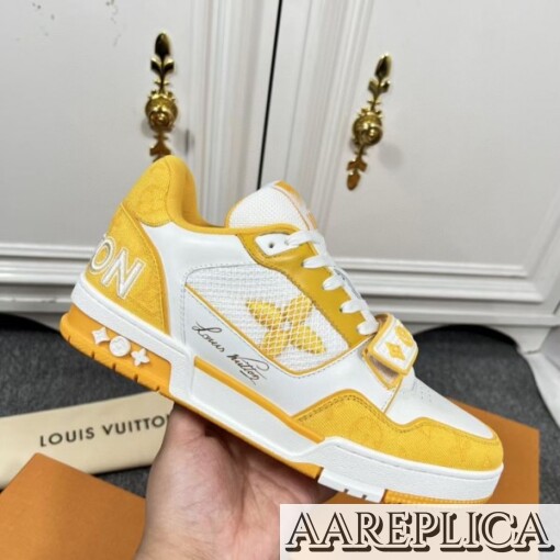 Replica Louis Vuitton LV Trainer Sneakers In Yellow Denim with Mesh 2