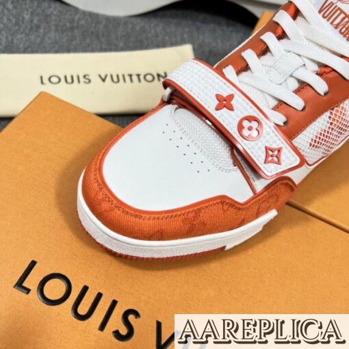 Replica Louis Vuitton LV Trainer Sneakers In Orange Denim with Mesh 3