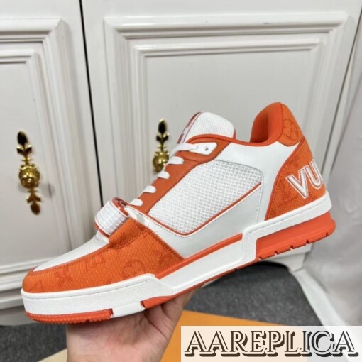 Replica Louis Vuitton LV Trainer Sneakers In Orange Denim with Mesh 6