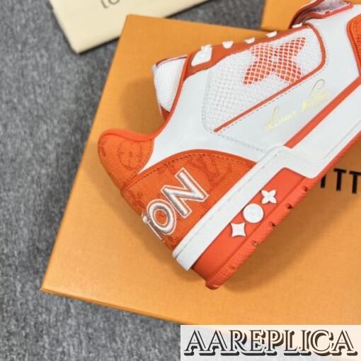 Replica Louis Vuitton LV Trainer Sneakers In Orange Denim with Mesh 7
