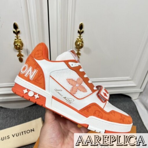 Replica Louis Vuitton LV Trainer Sneakers In Orange Denim with Mesh 8