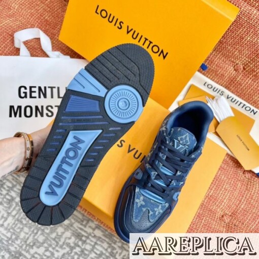 Replica Louis Vuitton LV Trainer Sneakers In Blue Denim Leather 3