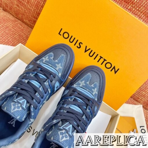 Replica Louis Vuitton LV Trainer Sneakers In Blue Denim Leather 4