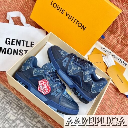Replica Louis Vuitton LV Trainer Sneakers In Blue Denim Leather 5
