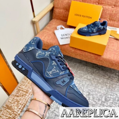 Replica Louis Vuitton LV Trainer Sneakers In Blue Denim Leather 7