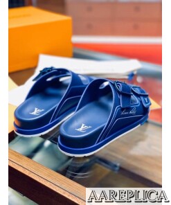 Replica Louis Vuitton LV Trainer Mules In Blue Suede Leather 2