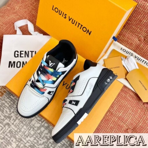 Replica Louis Vuitton White/Black LV Trainer Sneakers with #54 6