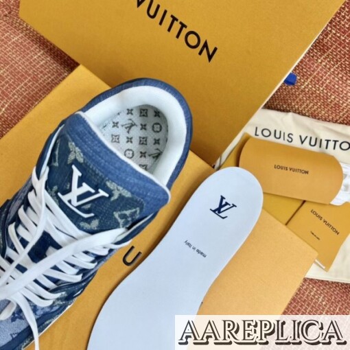Replica Louis Vuitton LV Trainer Sneakers In Blue Monogram Denim 4