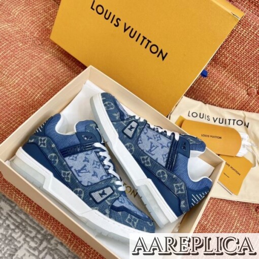 Replica Louis Vuitton LV Trainer Sneakers In Blue Monogram Denim 5