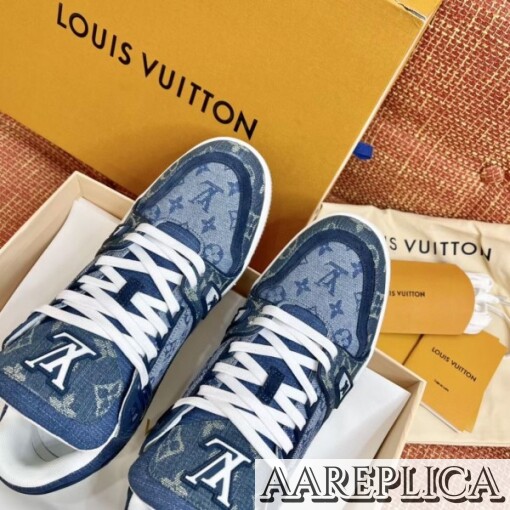 Replica Louis Vuitton LV Trainer Sneakers In Blue Monogram Denim 7