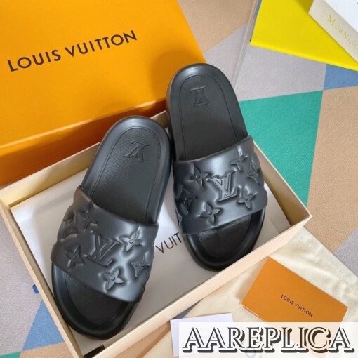 Replica Louis Vuitton Waterfront Mules In Black Monogram Rubber 7