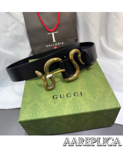 Replica Gucci GG Black Leather Belt With Snake Buckle 2